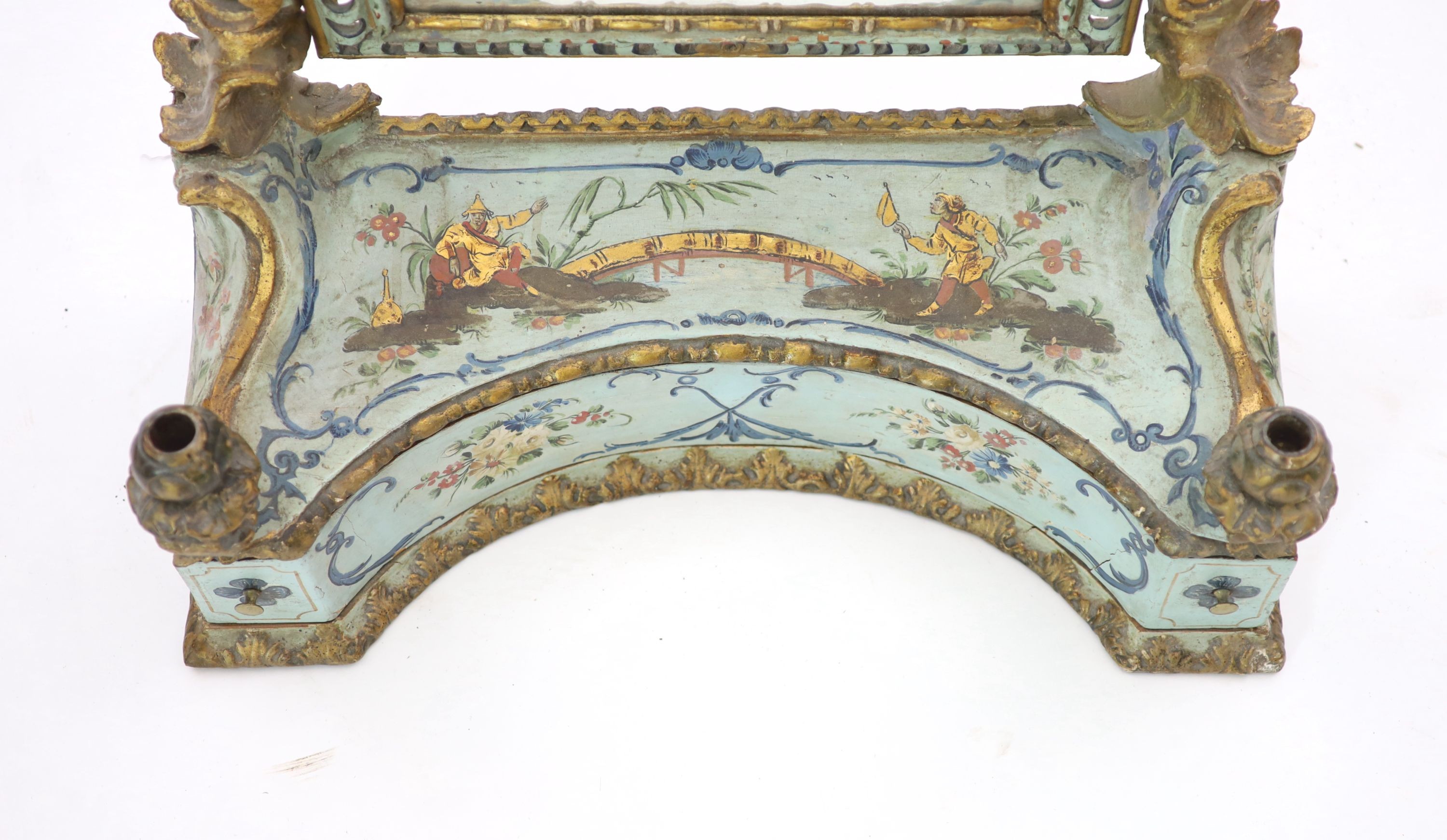 An 18th century Venetian painted pine toilet mirror H 90cm. W 64cm. D 26cm.